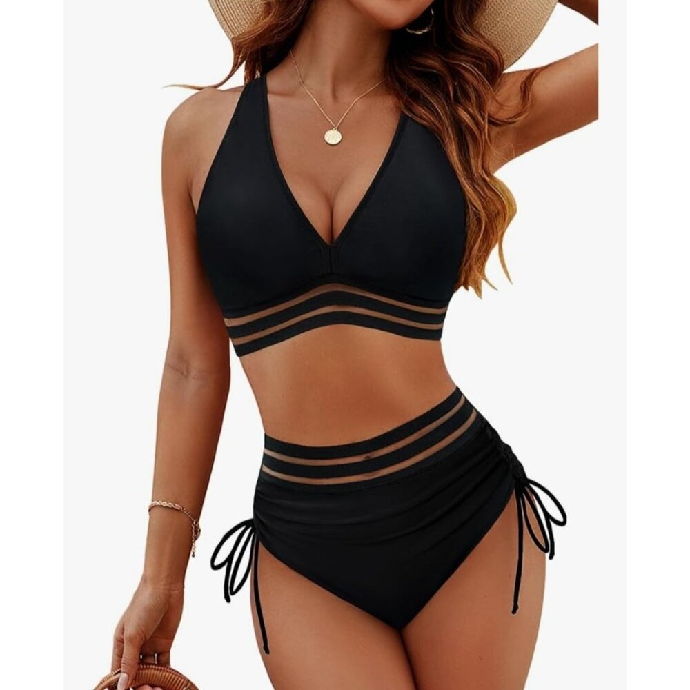 Blooming Jelly Womens XL Black High-Waisted Bikini 2 Pc Set With Sheer Stripes
